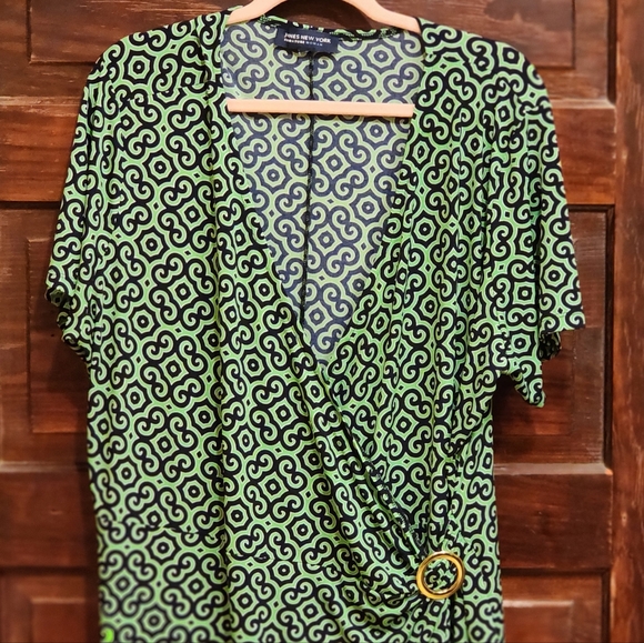 JONES NEW YORK Dress Faux Wrap 2X Green Blue Stretch Retro Holiday Party Dress - Picture 4 of 8